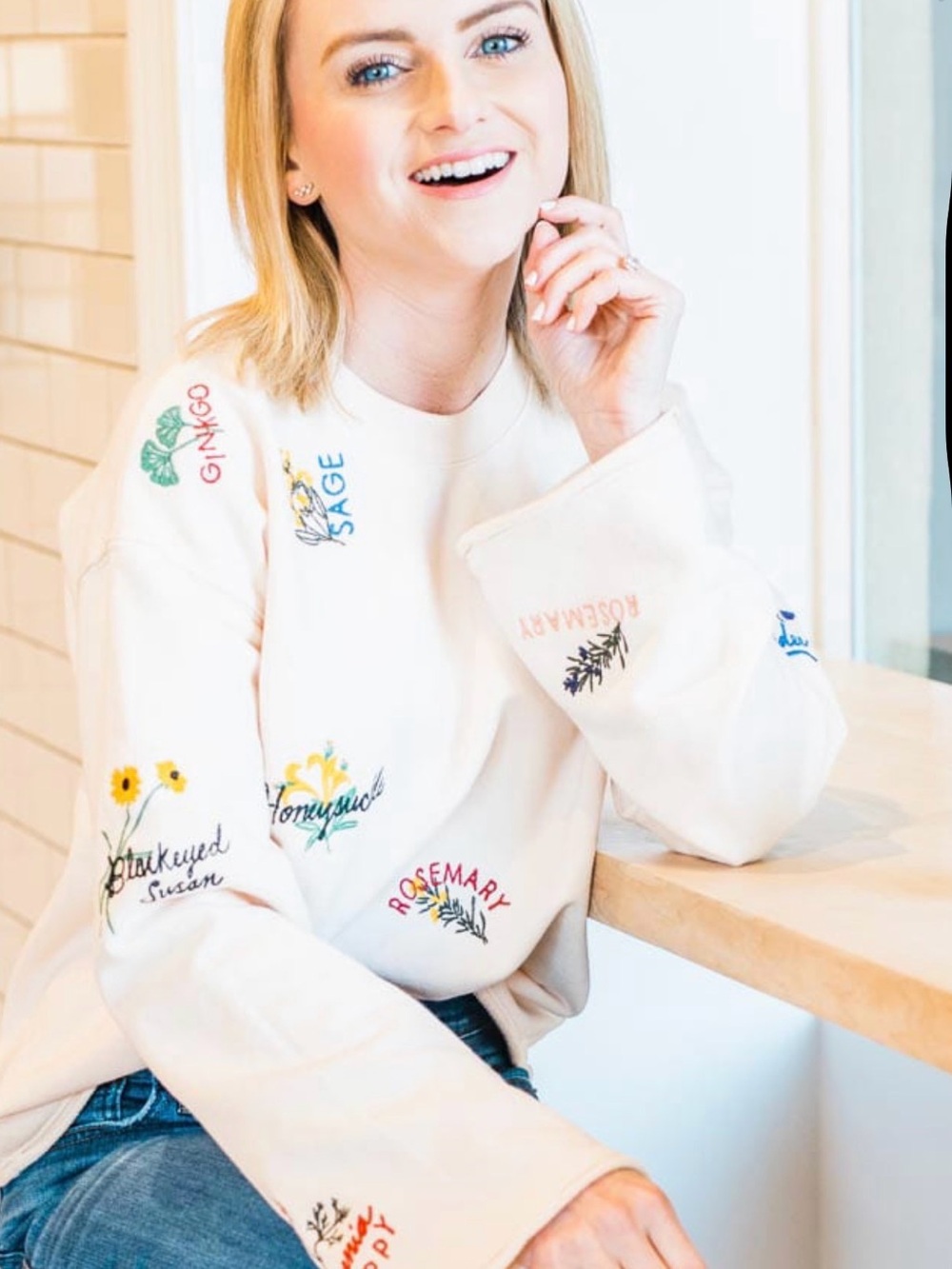 Madewell Botanical Embroidered Bell-Sleeve Sweatshirt in Pale Pink Size M
